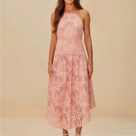 ▪️Farm Rio Palm Tree scalloped broderie anglaise cotton midi dress - Picture 3 of 14